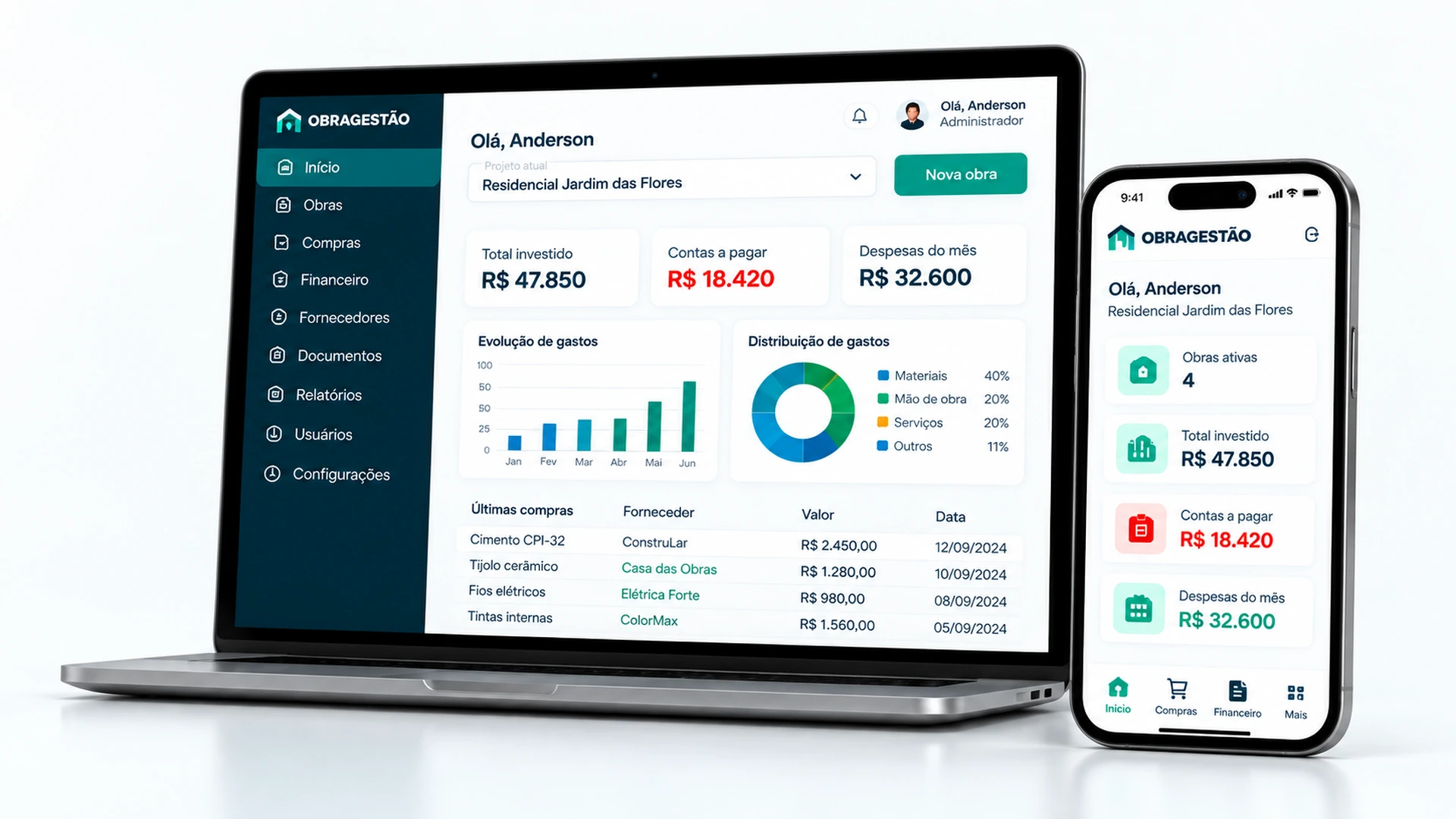 ObraGestão em computador e smartphone