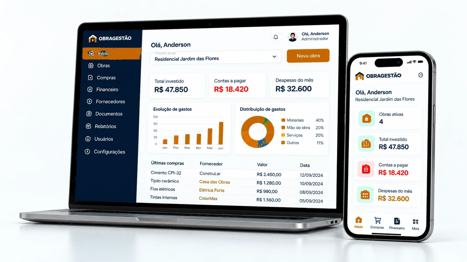 ObraGestão em computador e smartphone