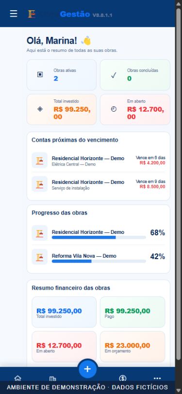 Tela real do ObraGestão no celular: obras, gastos e contas a pagar