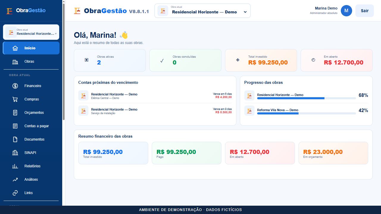 Tela real de Início do ObraGestão com duas obras de demonstração, valores investidos e contas em aberto
